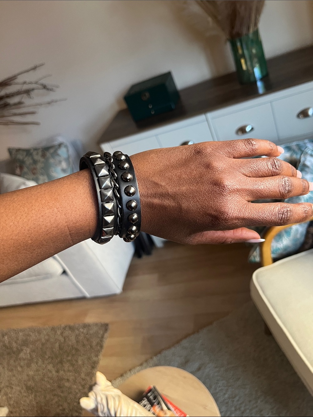 Black Studded Leather Bracelet Set